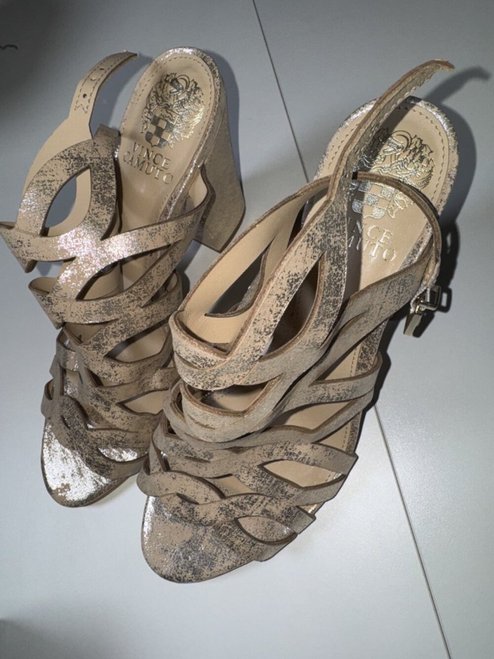 Vince Camuto Strappy Glitter/Metallic Cutout Heeled Sandals, Beige/Gold